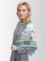 Платок «Зачатьевская роспись. Райский сад» голубой 100% шёлк