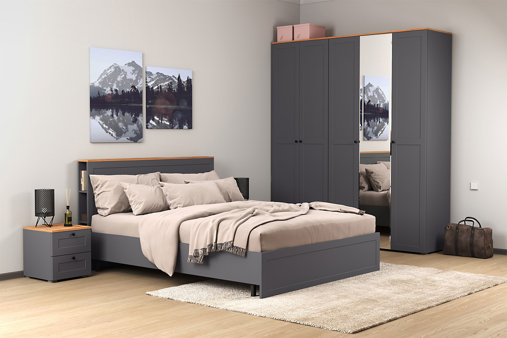 Кровать с ортопедическим основанием и опорами Остин 11.53, Серый графит, Дуб золотой