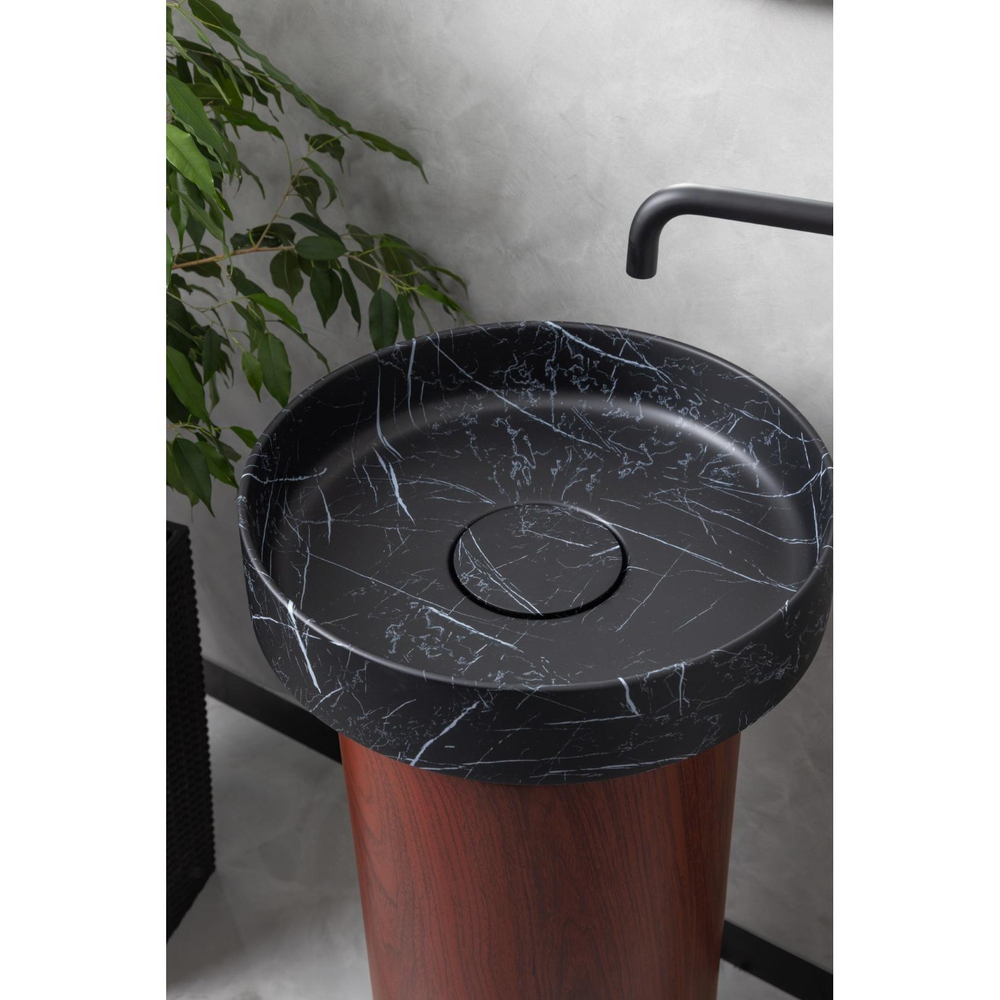 Раковина накладная Boheme Sole Corian 400*130 Nero Marquina с пьедесталом Corian 300*720 Red Wood