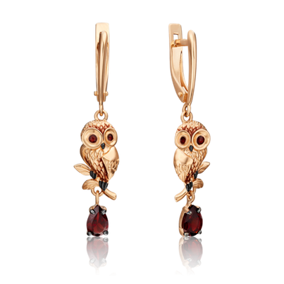 Серьги «Совята» с английским замком из красного золота с гранатом и эмалью