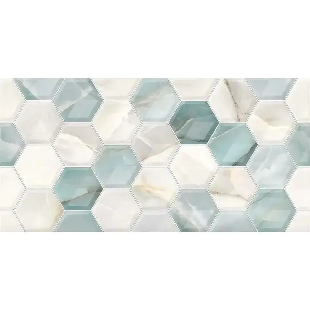 Настенная плитка Alma Ceramica TWU2550JNY16 Janey 24.9x50 белая / голубая глянцевая / рельефная под мрамор / под мозаику