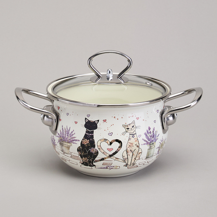КАСТРЮЛЯ AGNESS ЭМАЛИРОВАННАЯ СО СТЕКЛЯННОЙ КРЫШКОЙ СЕРИЯ "LAVENDER CATS", 1,5 Л ДИА. 16СМ