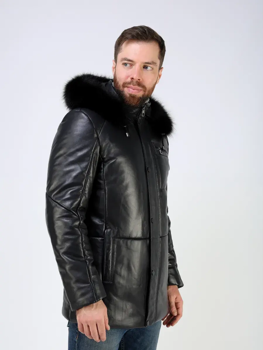 Куртка зимняя кожаная с капюшоном пуховик