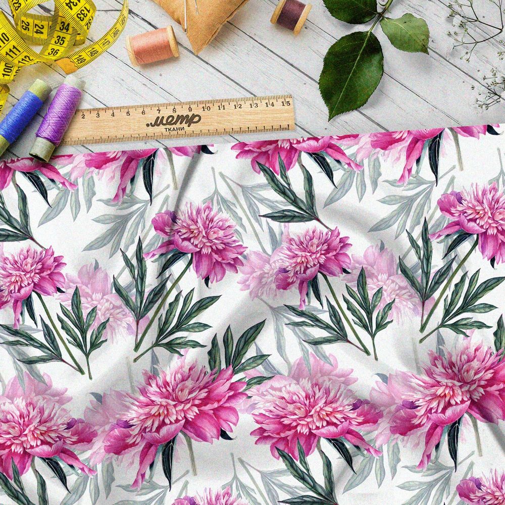 Ткань дюспо пёстрые розовые георгины на бежевом фоне