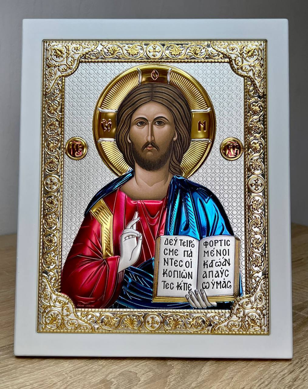 Спаситель, икона прямоугольная с рамкой, белое дерево, эмаль 210х260