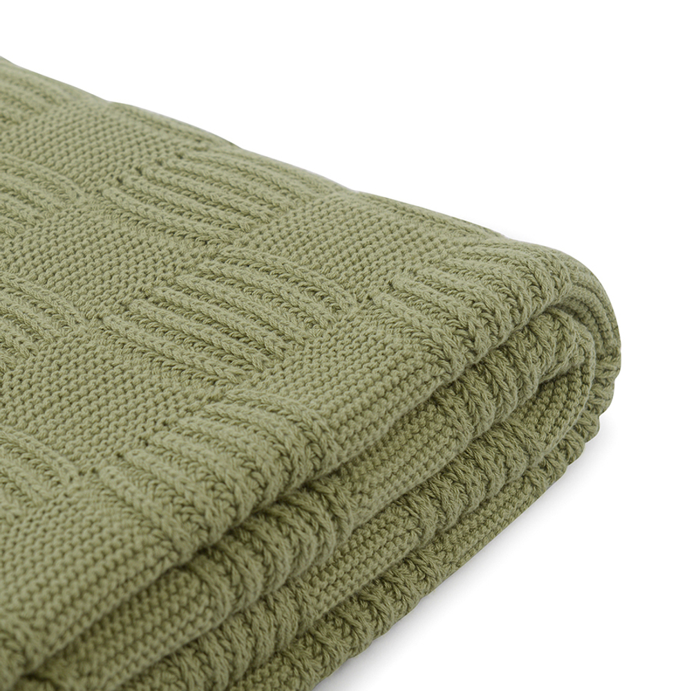 Плед из хлопка рельефной вязки травянисто-зеленого цвета из коллекции essential, 130х170 см
