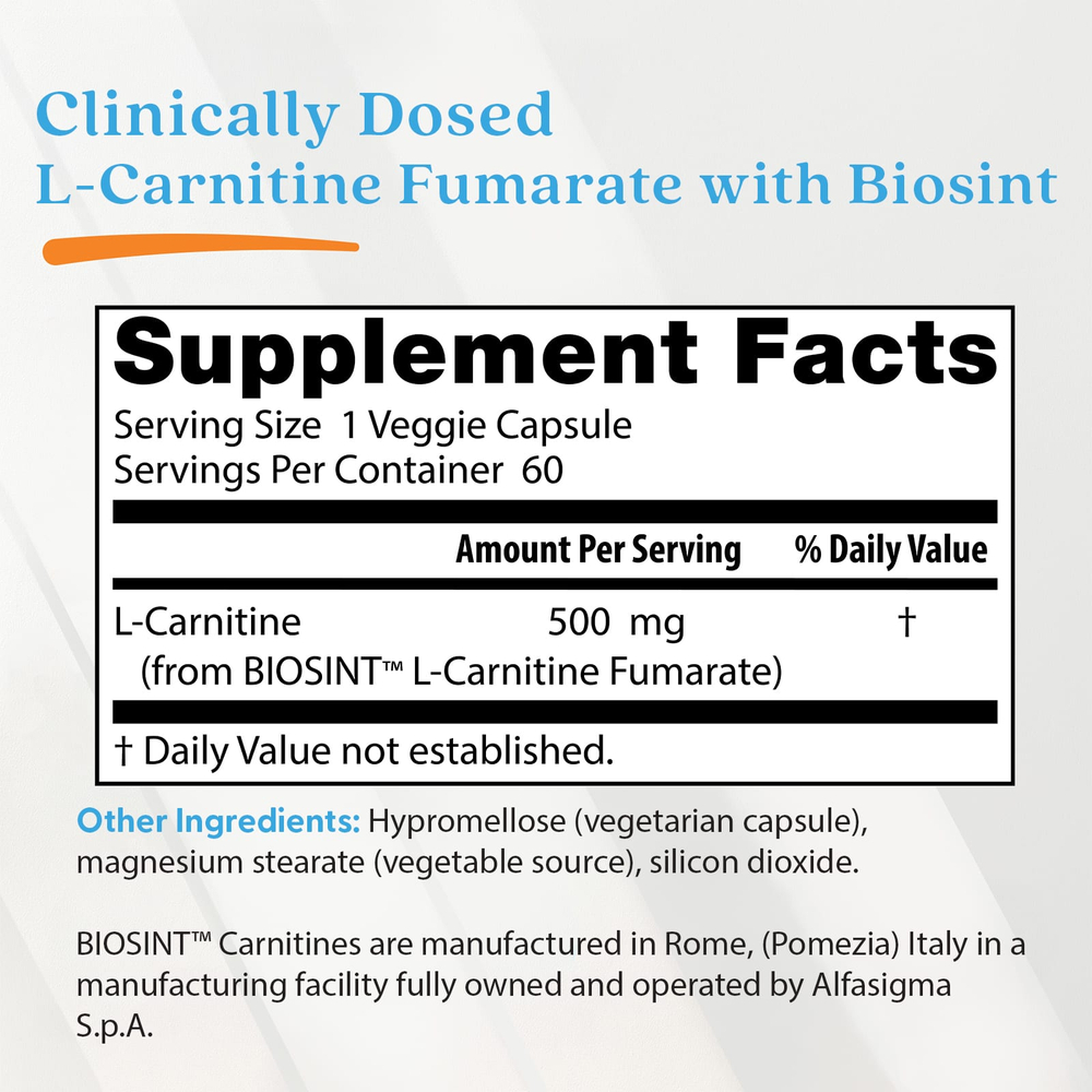 Doctor's Best, фумарат L-карнитина с Biosint Carnitine, 60 растительных капсул (500 мг в 1 растительной капсуле)