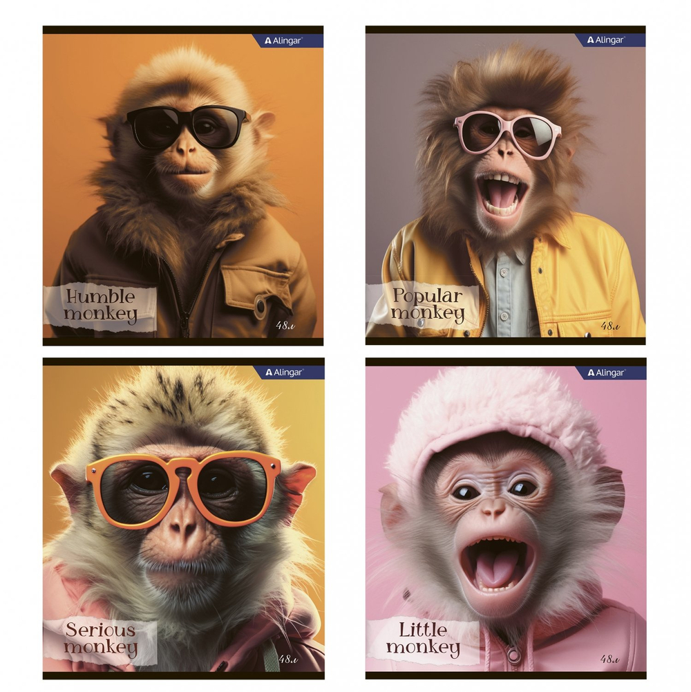 Тетрадь 48л., А5, клетка, Alingar "Funny monkey", скрепка, мелованный картон (стандарт), блок офсет, 4 дизайна в пленке т/у