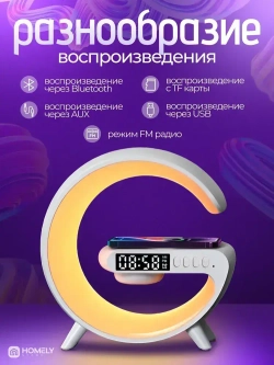 Ночник светильник настольный светодиодный с беспроводной зарядкой, часы электронные настольные с колонкой Bluetooth