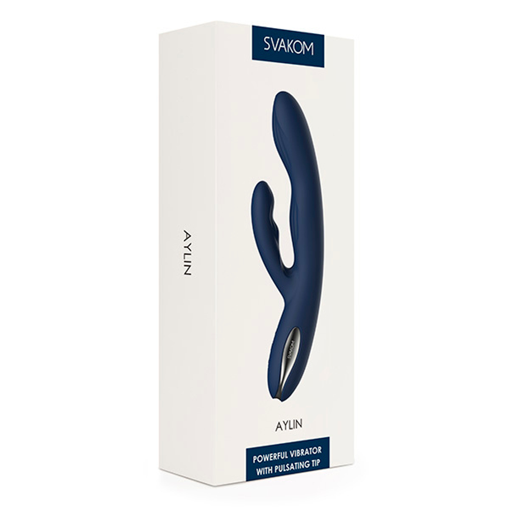 Синий вибратор-кролик 21,5см с пульсирующей головкой Svakom Aylin S106