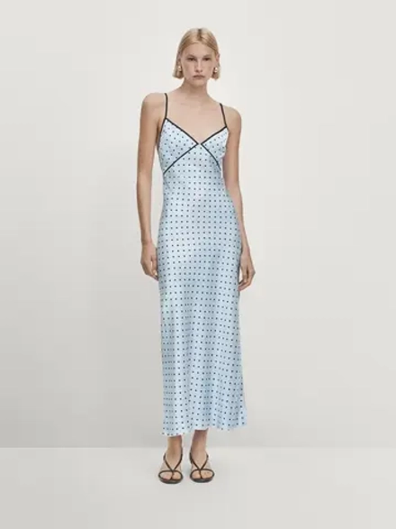 Massimo Dutti Платье-комбинация миди с принтом в горошек - Studio, небесно-голубой