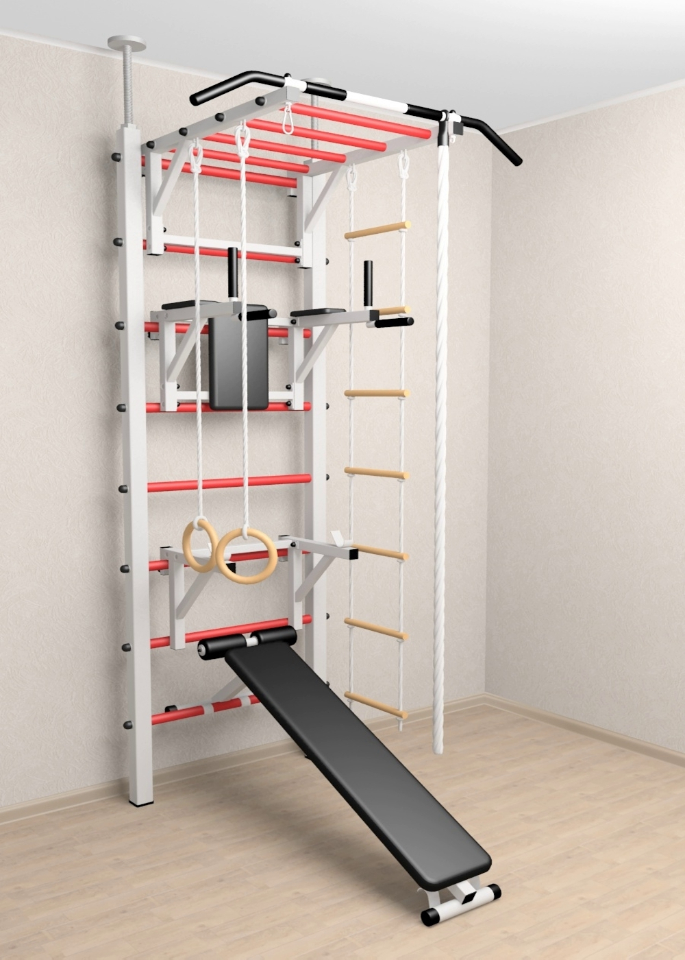 Шведская стенка Sv Sport враспор (Турник рукоход/Брусья/Стойка/Скамья/Канат/Кольца/Лестница)