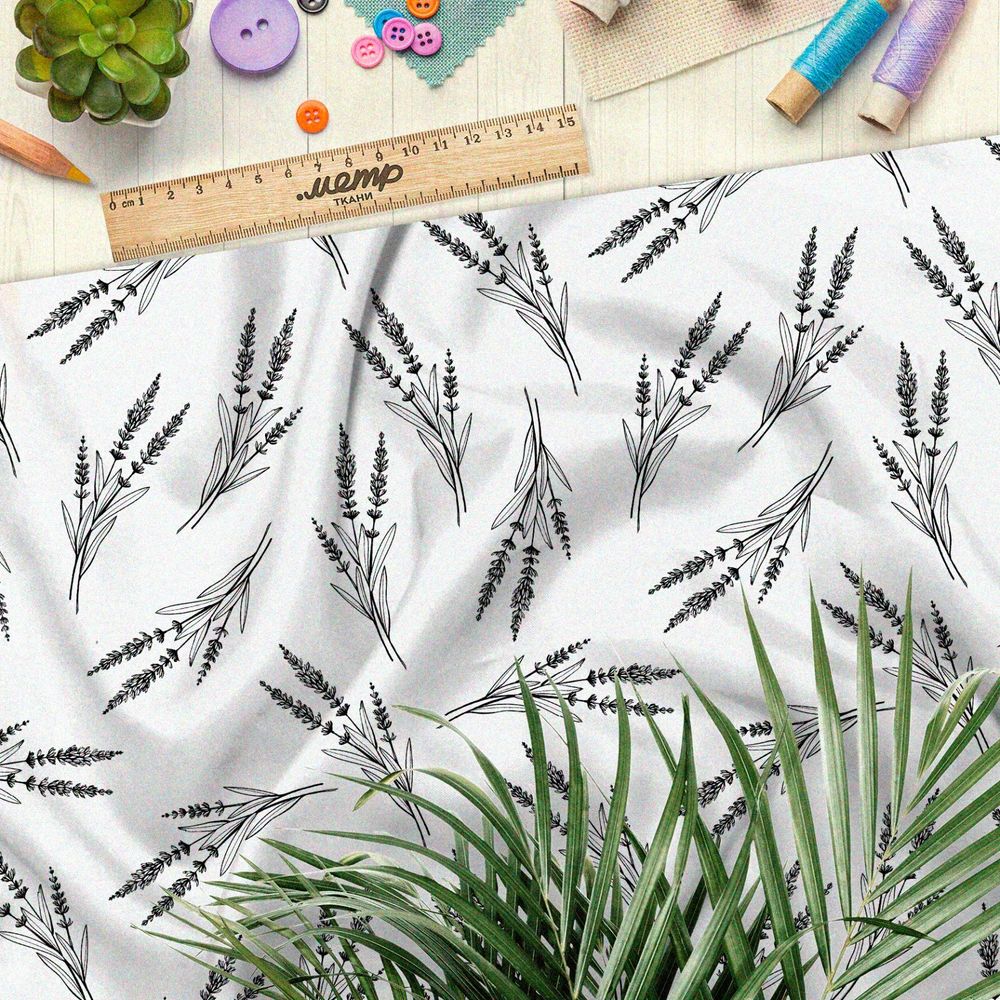 Ткань бязь эскиз душицы на белом фоне