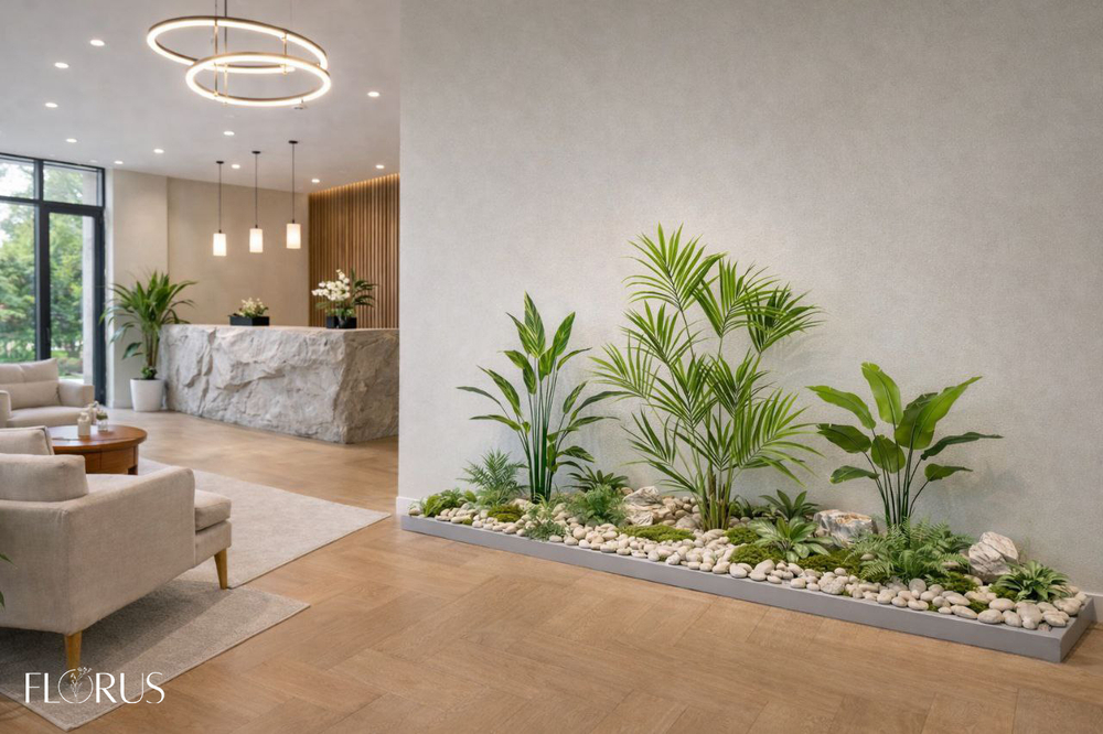 Напольная композиция в стиле тропики с пальмой, длина 2–2,5 м