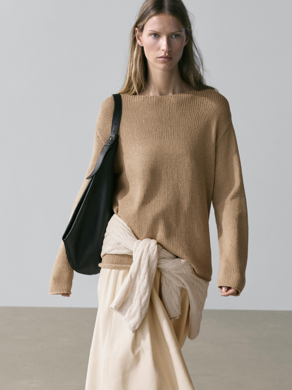 Massimo Dutti Свитер из смесового хлопка с ажурным узором, светло-коричневый