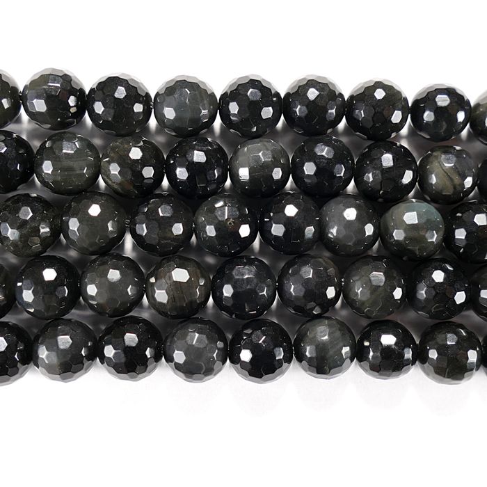 Нить бусин из обсидиана черного, фигурные, 10 мм (шар, граненые)