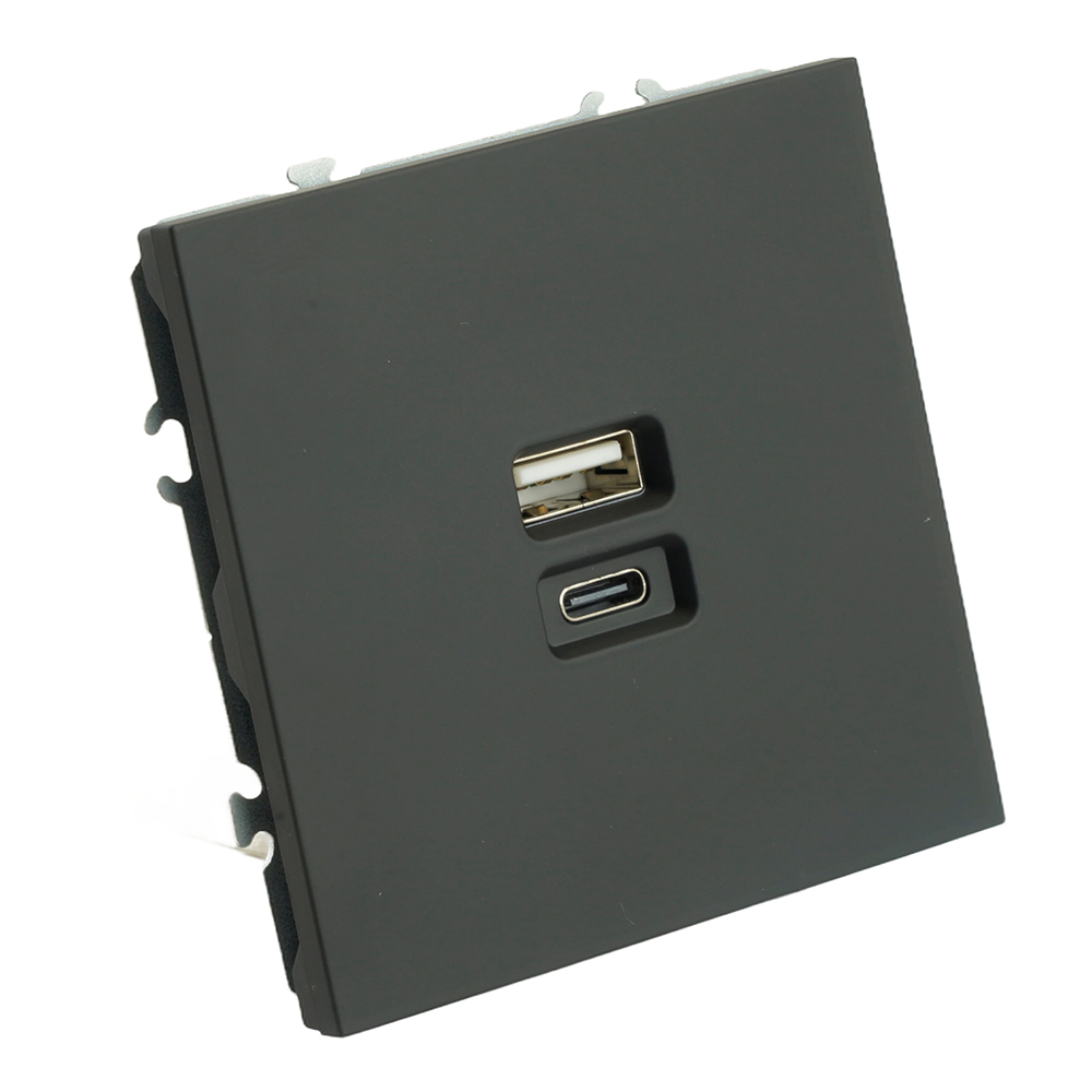 Розетка 2-местная USB + Type C (механизм), STEKKER, 250В, 20W, серия Эмили, RST10-5115-05, черный уголь, soft touch 49853