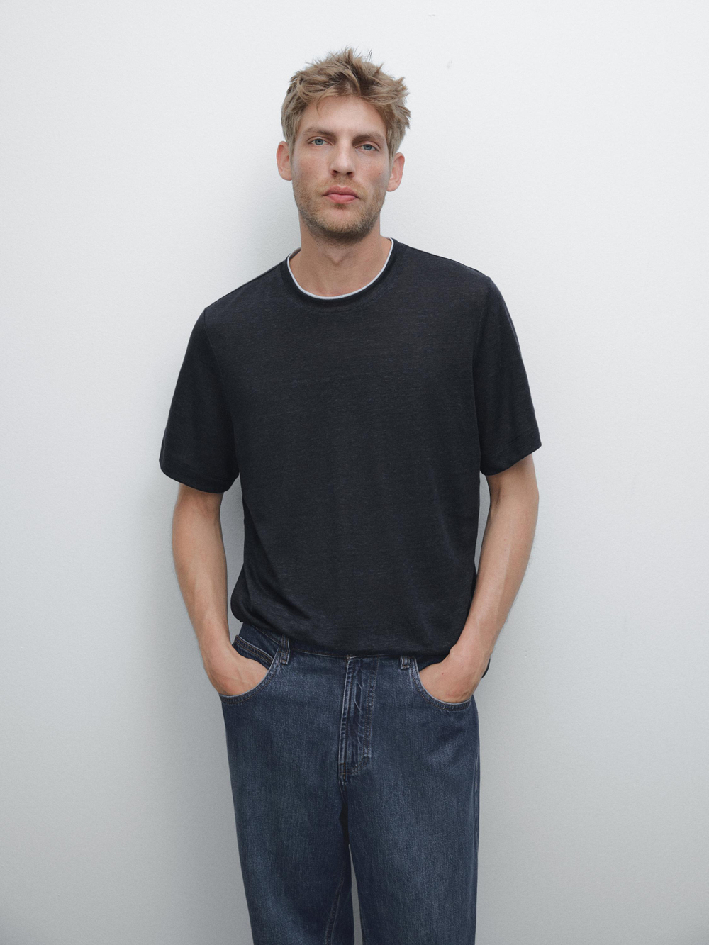 Massimo Dutti Футболка из контрастной трикотажной ткани, темно-синий