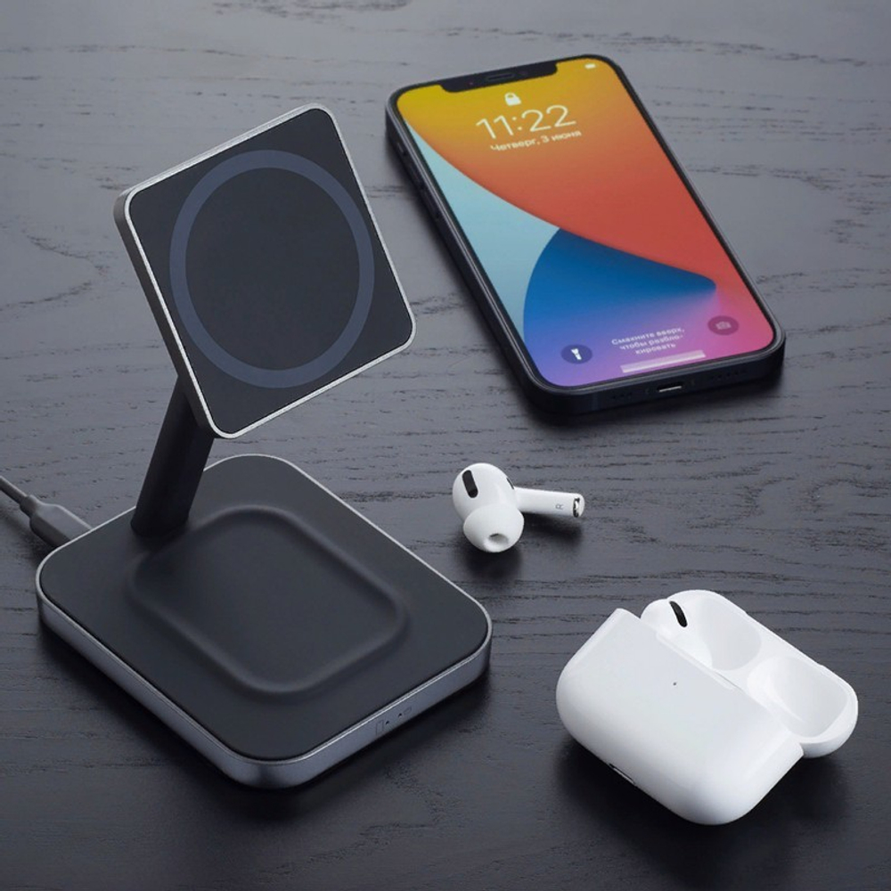 Беспроводное зарядное устройство Deppa MageSafe Stand 2в1 (D-24016) для Apple iPhone/ Air Pods 20W Черный