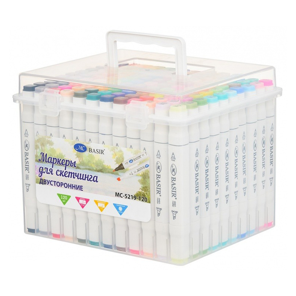Маркер для скетчинга, двусторонние, Basir, четырёхгранные, 14 мм, спиртовые, 120 шт