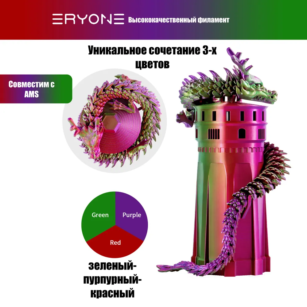Пластик Eryone Silk PLA Tri-Color 1.75mm, 1KG Red & Purple & Green