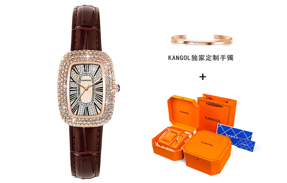 KANGOL Quartz Movement Genuine Leather Strap Watch Women"s Watch Gold Dial