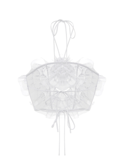 Топ укороченный из органзы с рюшами и декоративным цветком