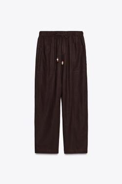 ZARA БРЮКИ ИЗ ЛЬНЯНОЙ ТКАНИ С БУСИНАМИ НА ШНУРКЕ, КОРИЧНЕВЫЙ