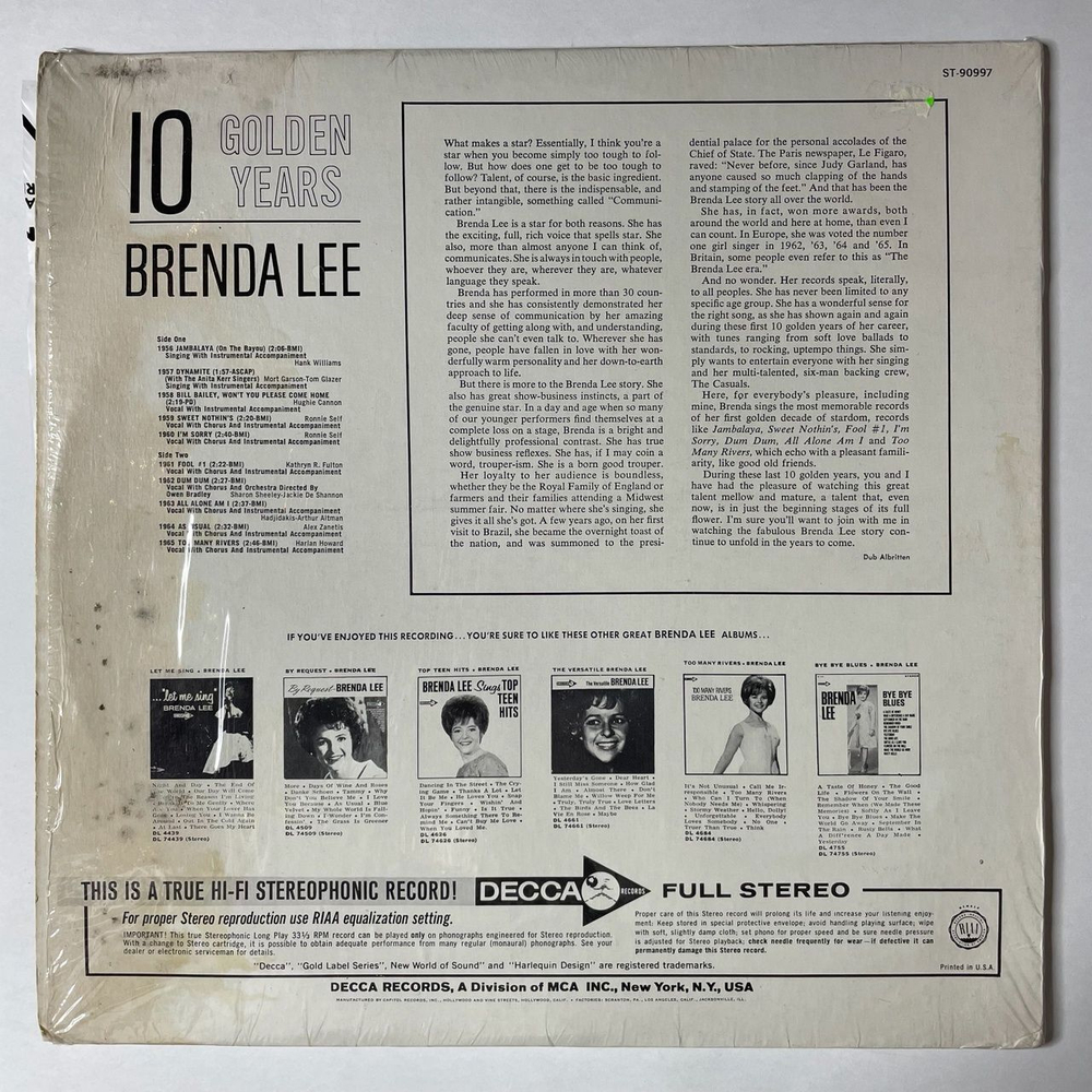 Винтажная виниловая пластинка LP Brenda Lee 10 Golden Years (USA 1966) Dynamite