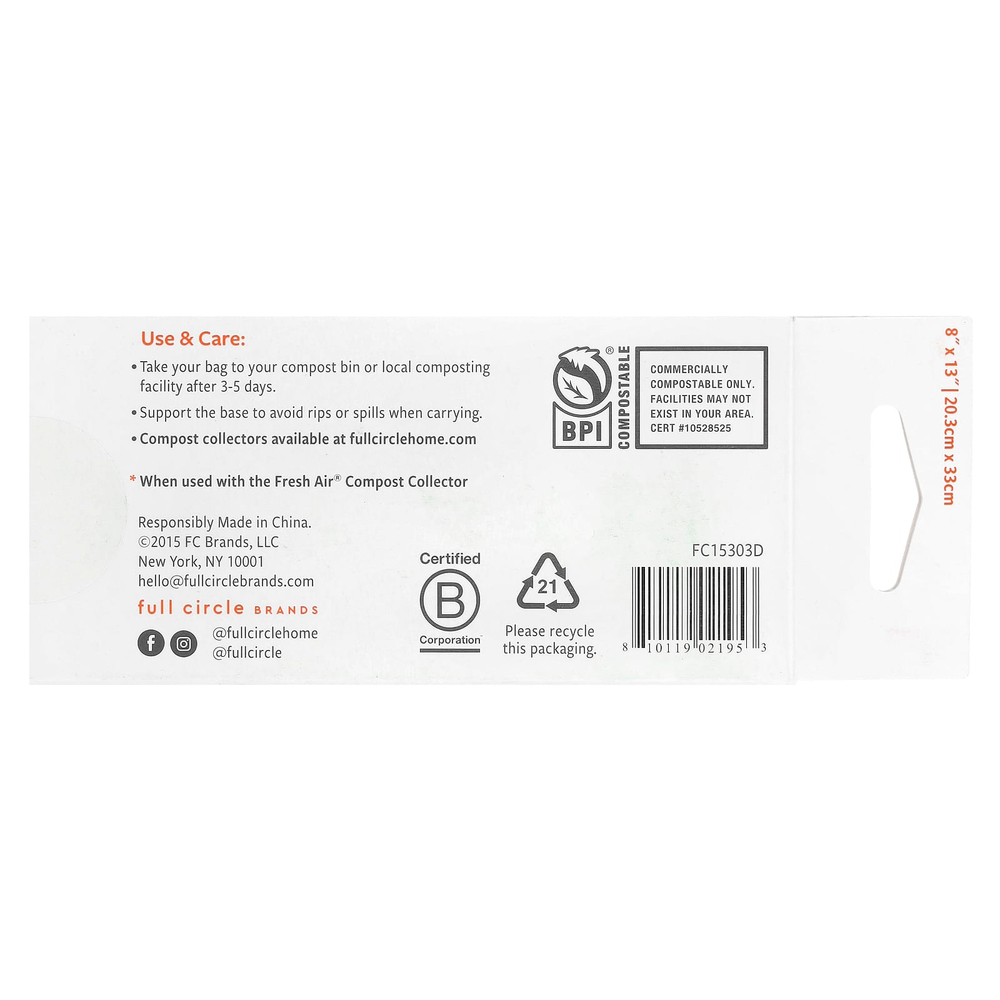 Full Circle, Fresh Air ™, компостируемые пакеты для пищевых отходов, без запаха, 25 пакетов