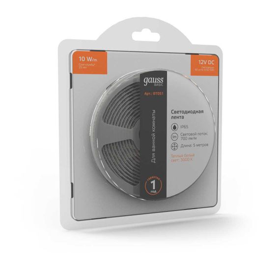 Светодиодная лента Gauss 10W/m 60LED/m 5050SMD теплый белый 5M BT051