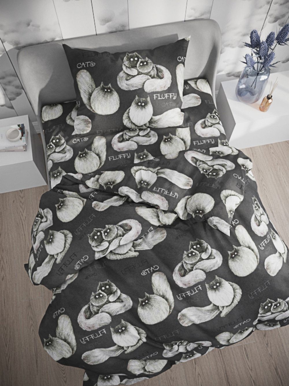 Постельное белье Сказка "Fluffy" 1,5-сп Наволочка 50х70 см 1 шт Простынь 150х215 см Пододеяльник 145х215 см, поплин