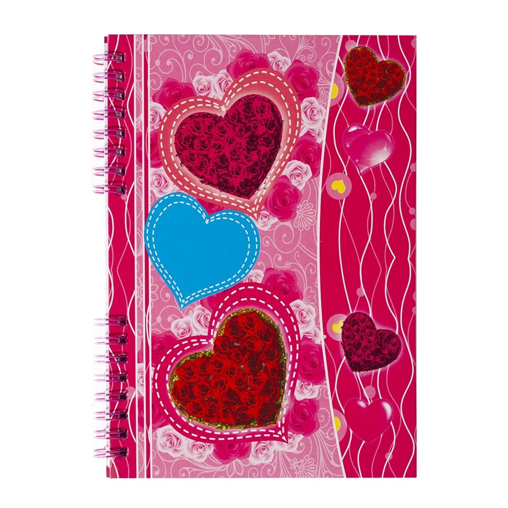 Блокнот в футляре 14 см * 20 см, гребень, Alingar, ламинация, глиттер, клапан с кодовым замочком, 50 л., линия,"Три сердца", розовый