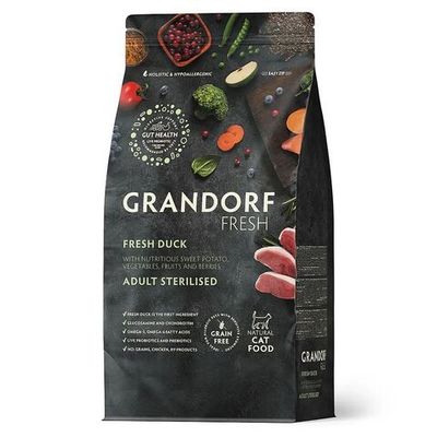 Беззерновой корм с живыми пробиотиками GRANDORF Fresh Cat STERILISED Duck&Sweet Potato для кошек с мясом утки и бататом, Пакет 2 кг