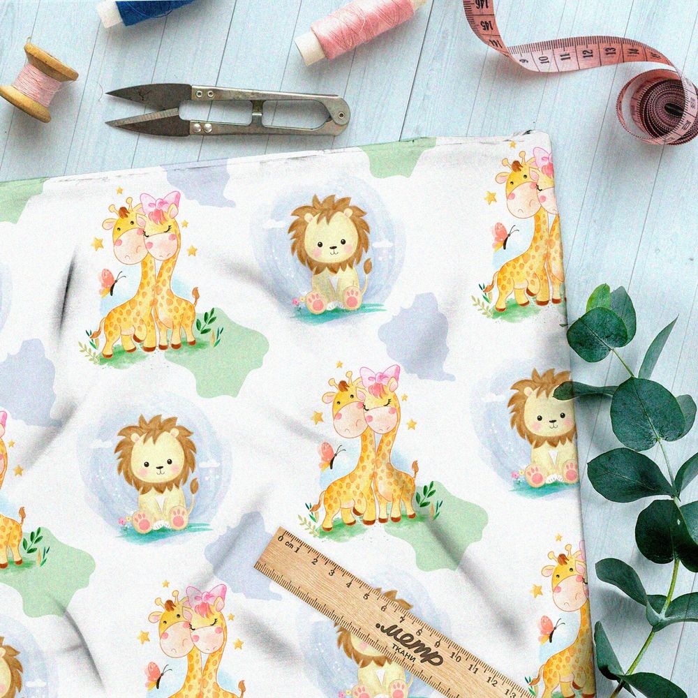Ткань лён счастливые жирафы и львы
