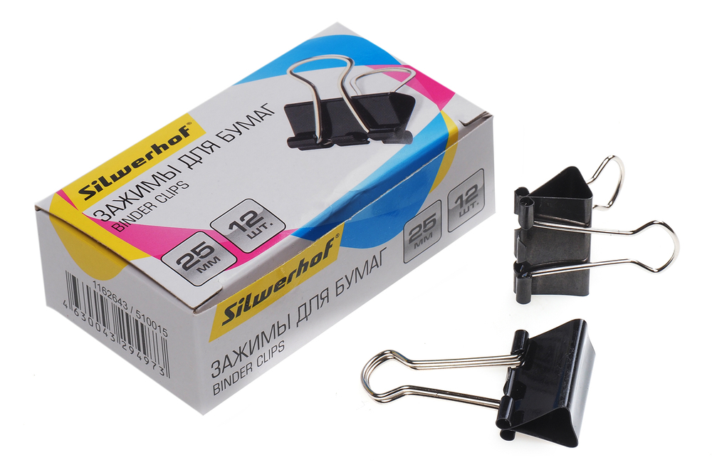 Зажим для бумаг металлический 25мм черный 12шт/уп Silwerhof цена за шт