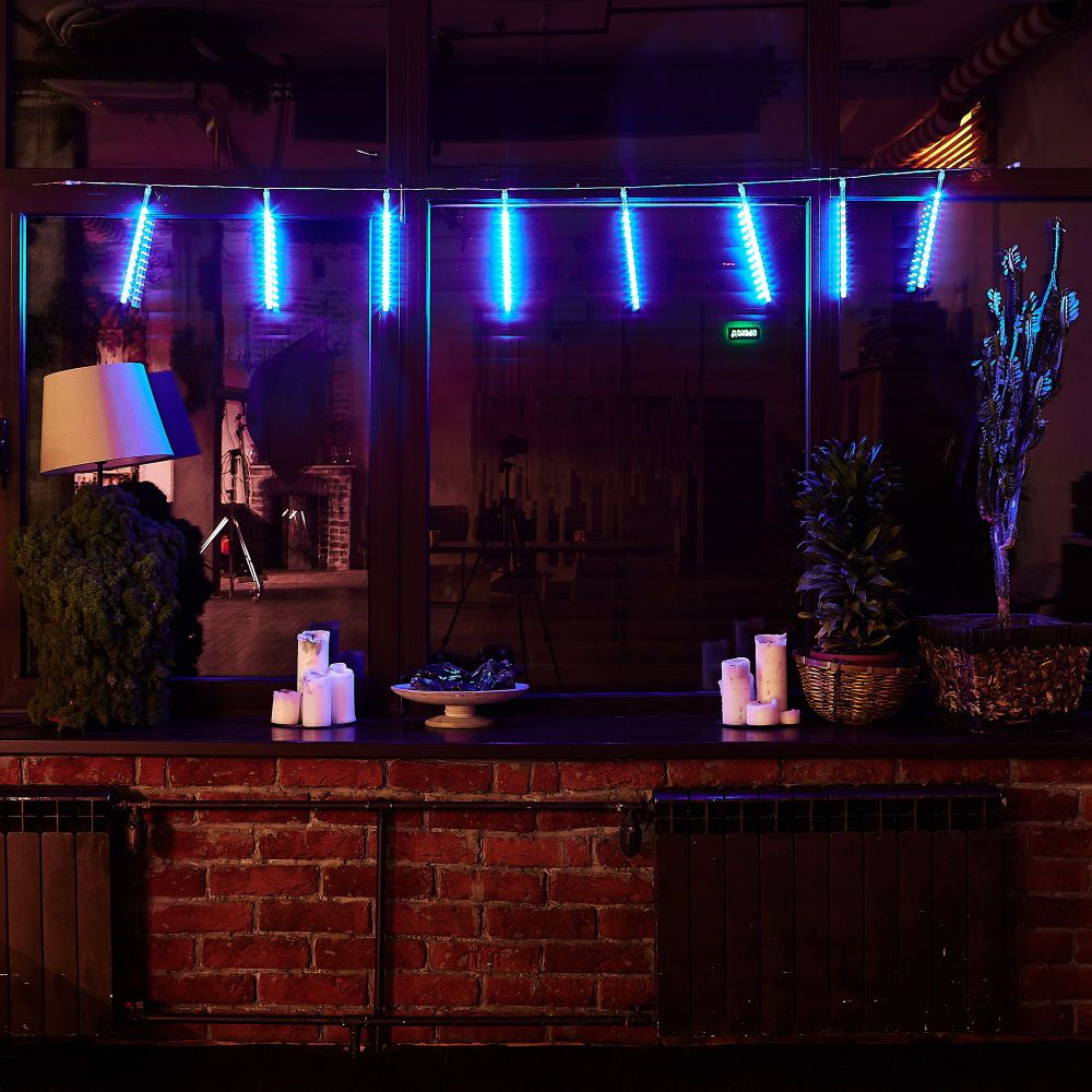 ULD-E2403-144-DTK BLUE IP44 METEOR Занавес светодиодный фигурный Падающие звезды. соединяемый. 2х0.3м. 8 подвесов. Синий свет. Провод прозрачный. TM Uniel.