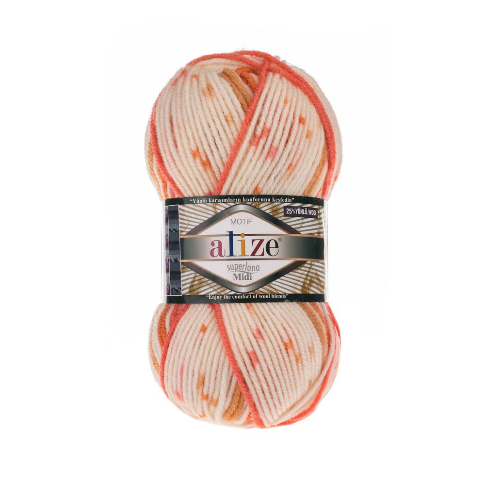 ALIZE &quot;SUPERLANA MIDI MOTIF&quot;, 25% Шерсть - 75% Aкрил, 100 гр, 170 м, 6916 беж/оранжевый