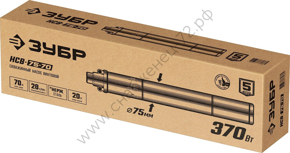 ЗУБР 370 Вт, 70 м напор, скважинный насос винтовой, корпус из нержавеющей стали (НСВ-75-70)