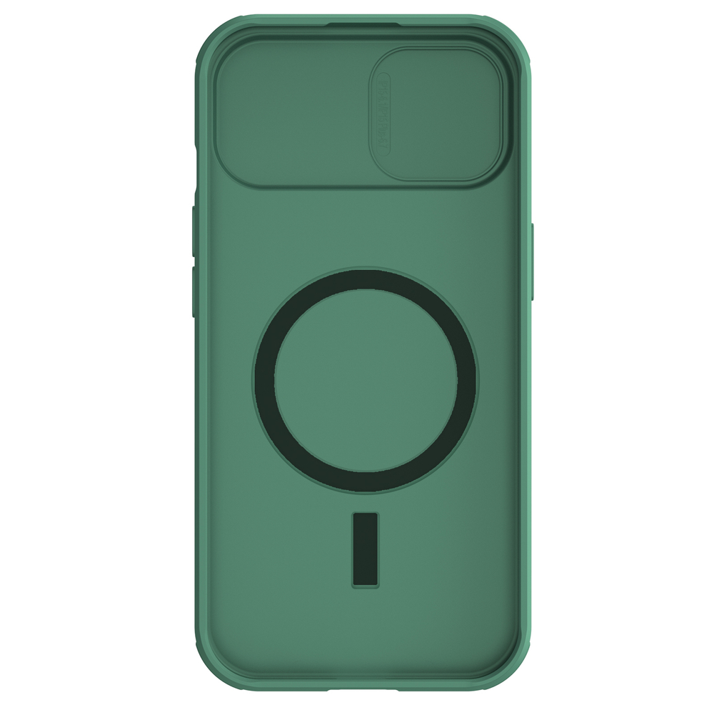 Чехол зеленого цвета (Deep Green) от Nillkin c поддержкой MagSafe для iPhone 15, с защитной шторкой камеры, серия CamShield Pro Magnetic