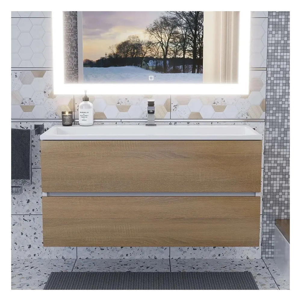 Тумба с раковиной Uperwood Barsa 100 см, раковина белая, подвесная тумба белая/дуб сонома