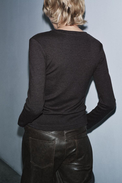 ZARA ФУТБОЛКА С ДЛИННЫМИ РУКАВАМИ, КОРИЧНЕВЫЙ МЕЛАНЖ