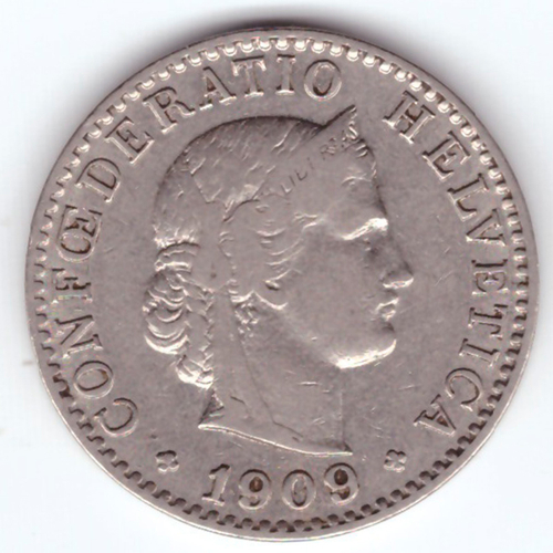 20 раппенов 1909 год. Швейцария. Никель VF-XF