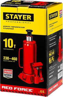 STAYER RED FORCE, 10 т, 230 - 460 мм, бутылочный гидравлический домкрат, Professional (43160-10)