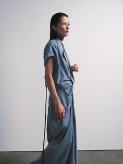 ZARA АТЛАСНОЕ ПЛАТЬЕ С ЗАПАХОМ ZW COLLECTION, СЕРО-СИНИЙ