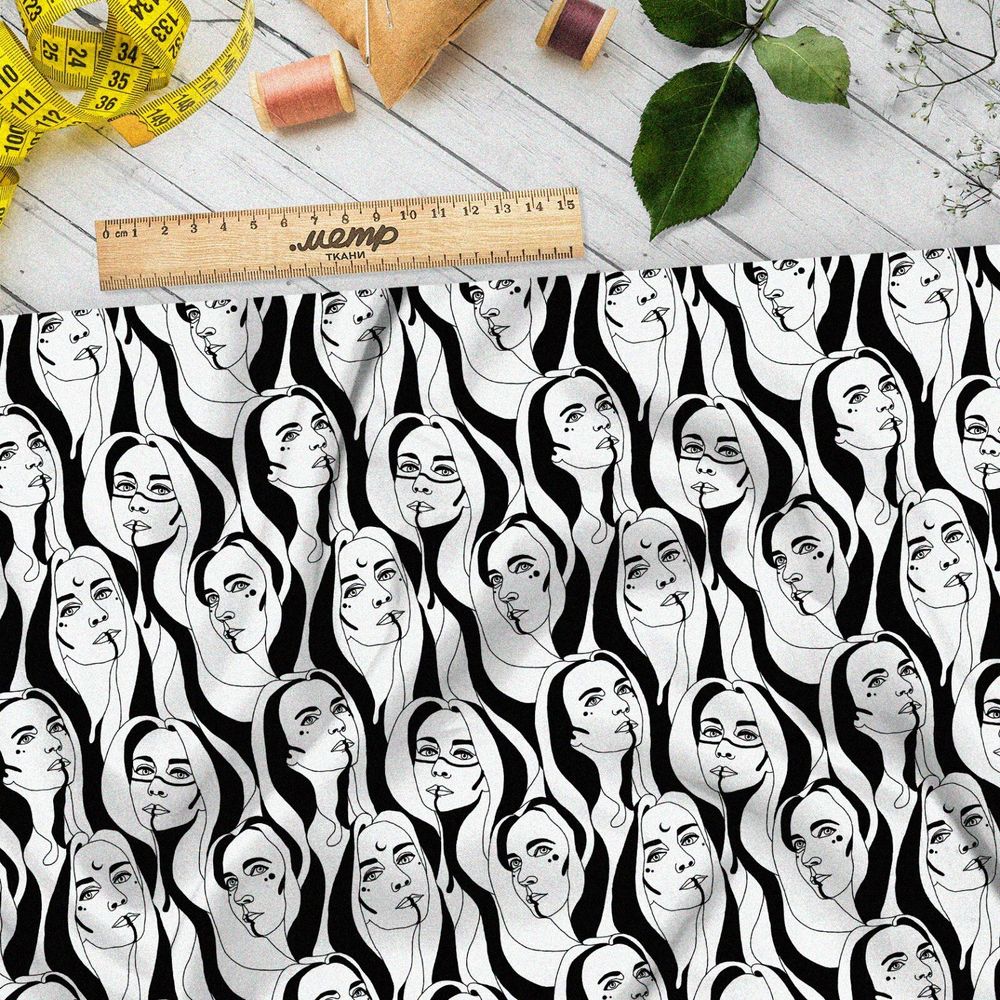 Ткань сатин иллюстрации девушек чёрно-белые