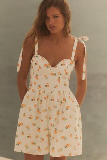 ZARA ПЛАТЬЕ ИЗ ПОПЛИНА С ПРИНТОМ «АПЕЛЬСИНЫ», БЕЛО-ОРАНЖЕВЫЙ