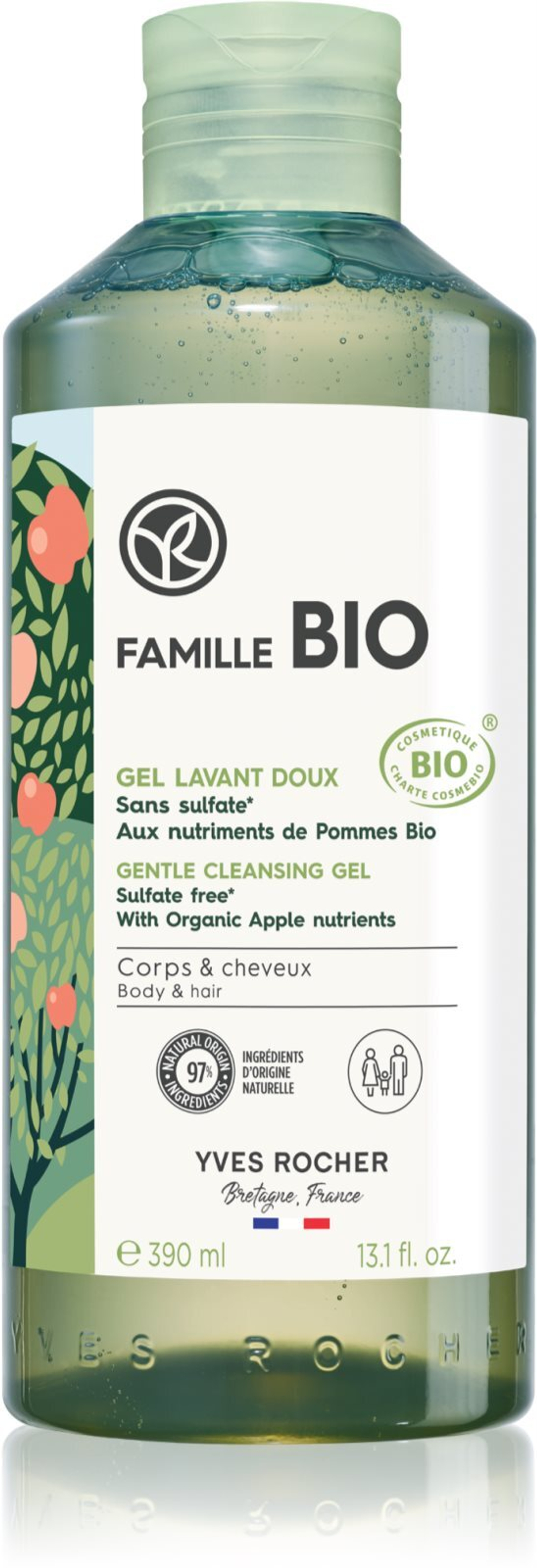 Yves Rocher FAMILLE BIO - нежный гель для мытья тела и волос /  with Organic Apple 390  ml  / GTIN 3660005716541