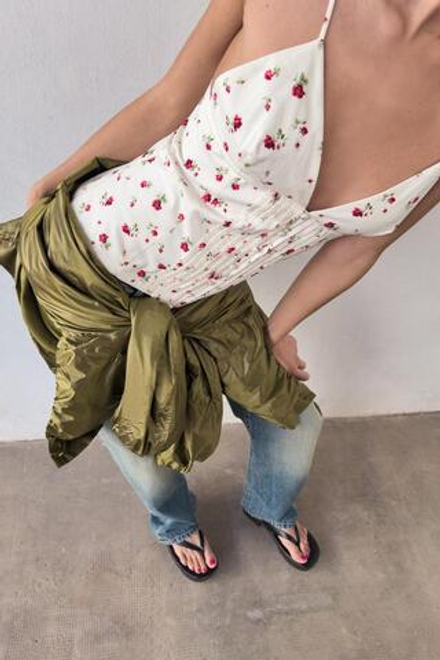 ZARA ТОП С БРЕТЕЛЯМИ И СКЛАДКАМИ, ЭКРЮ/КРАСНЫЙ