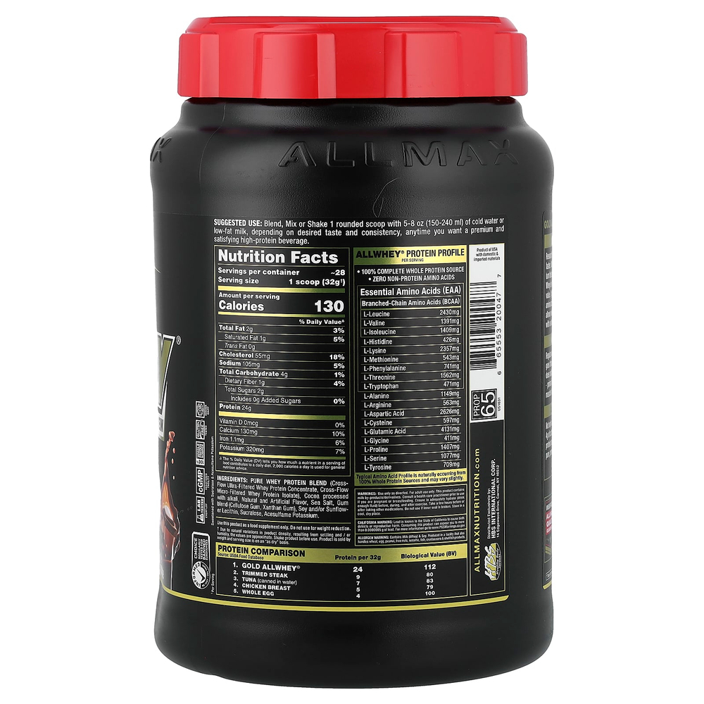 ALLMAX, AllWhey Gold, 100 % сывороточный белок + изолят сывороточного белка премиум-качества, со вкусом шоколада, 907 г (2 фунта)